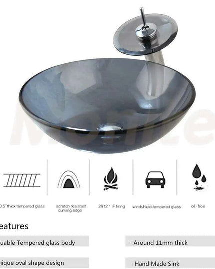 Artisan-Crafted Black Glass Vanity Basin Set with Chrome Waterfall Faucet