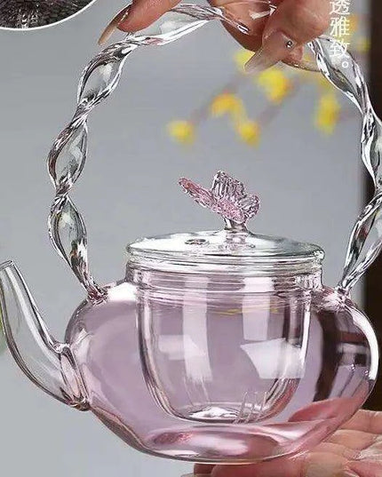 Elegant 700ML Pink Butterfly Glass Teapot for Electric Stoves