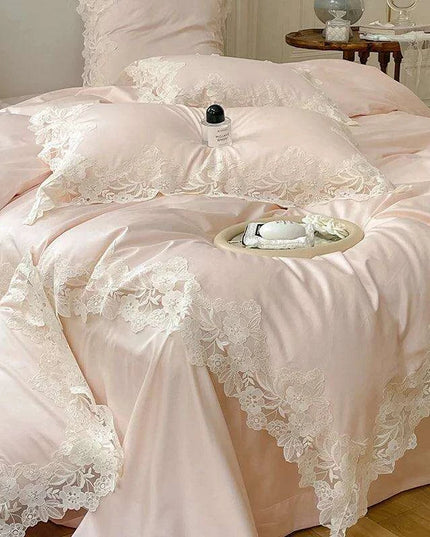 Chic Light Pink Lace Embroidered Royal Quilt Set - Luxurious Egyptian Cotton Duvet Cover with Matching Bed Sheet & Pillowcases in Korean Design