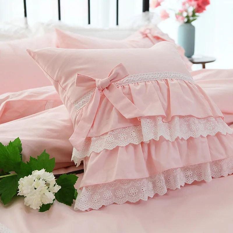 Charming Pink Satin Cushion Cover with Delicate Lace Detailing for Elegant Home Accents