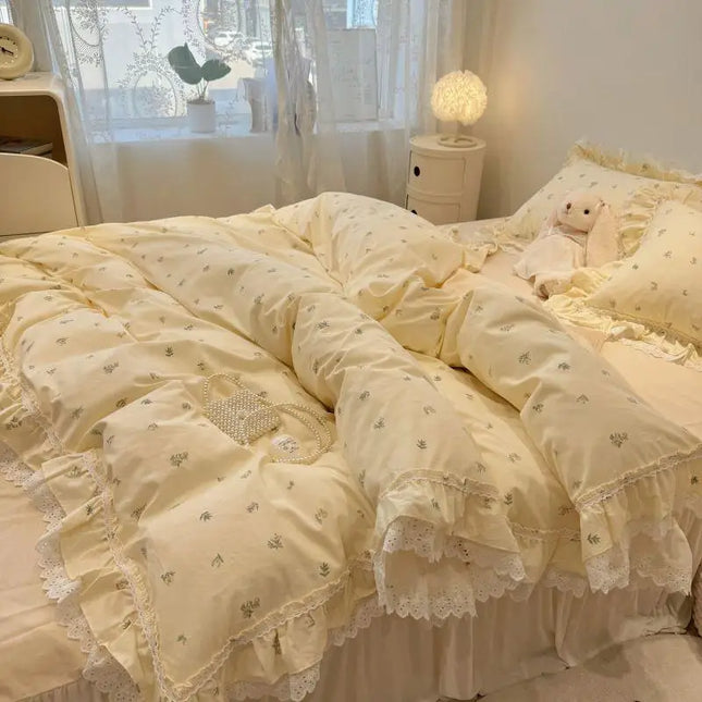 Vintage Floral Cotton Bedding Set - 100% Cotton Ruffle Edge Duvet Cover Set