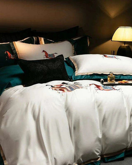 Elegant Galloping Horse Embroidered Egyptian Cotton Bedding Set in White and Orange - Complete Duvet Cover, Bed Sheet, and Pillowcase Collection