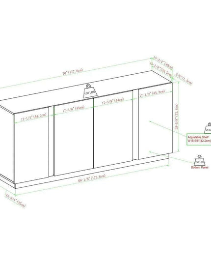 Sleek Contemporary Dark Walnut 4-Door Cutlery Storage Cabinet with Adjustable Shelves - Modern Design, 15.75" Deep x 70" Wide x 31" High, Free Shipping Included