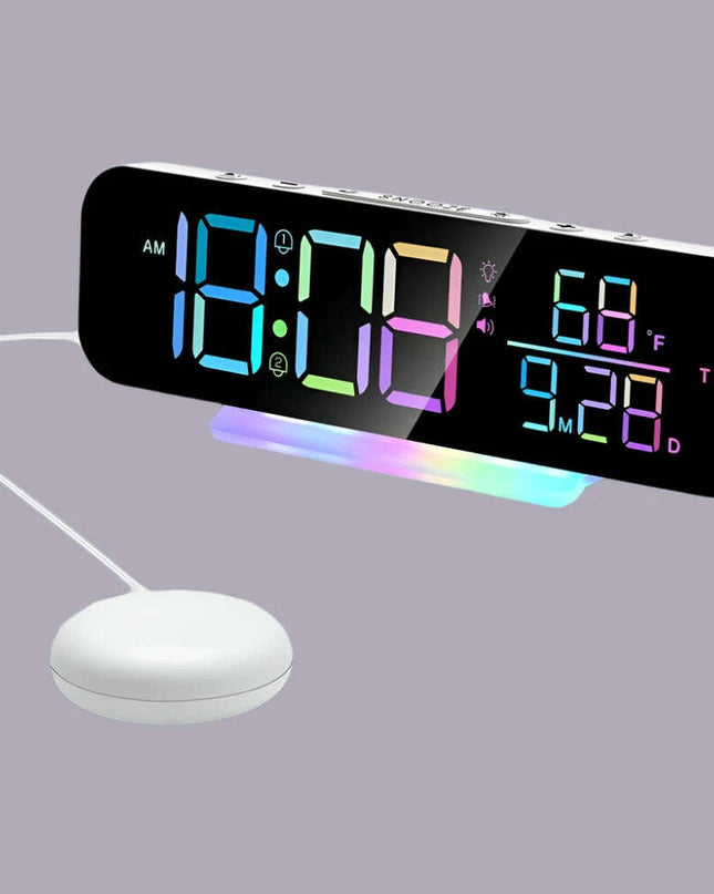 Dual Alarm Vibrating Clock with RGB LED Night Light and Bed Shaker - Loud Wake-Up Alarm
