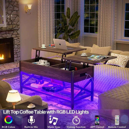 Modern Lift-Top Coffee Table with LED Lighting, USB Ports, and Smart Storage Solutions
