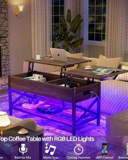 Modern Lift-Top Coffee Table with LED Lighting, USB Ports, and Smart Storage Solutions