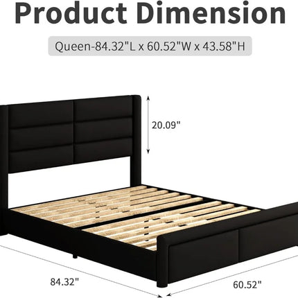 Queen Upholstered Bed Frame with LED Lights, Faux Leather, No Box Spring Needed, Black queen-upholstered-bed-frame-with-led-lights-faux-leather-no-box-spring-needed-black