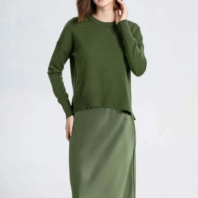 Chic Loose Knitting Top and Luxurious Acetate Satin Skirt Set for Women