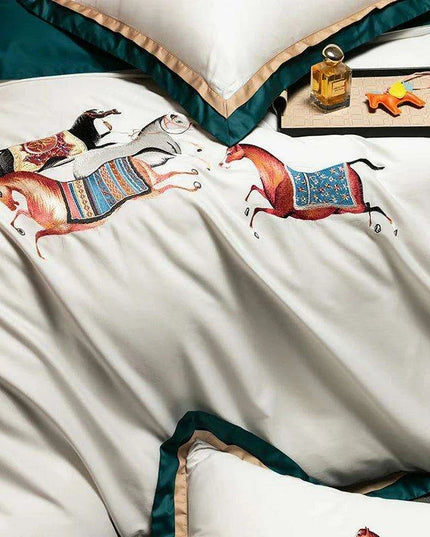 Elegant Galloping Horse Embroidered Egyptian Cotton Bedding Set in White and Orange - Complete Duvet Cover, Bed Sheet, and Pillowcase Collection