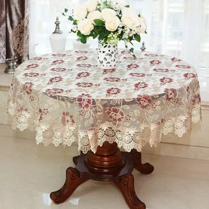 Embroidered Lace Round Tablecloth — Pastoral Rose Gold Table Linen