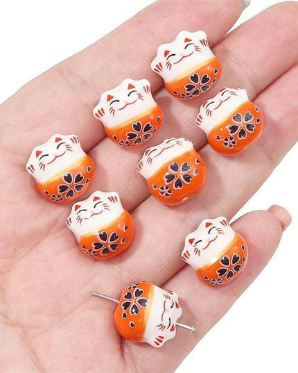Set of 2 Artisan 14mm Ceramic Lucky Cat Charms for Creative Jewelry Designs