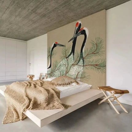 Vintage Cranes Wall Mural – Large Format Retro Bird Print, Traditional Non-Woven