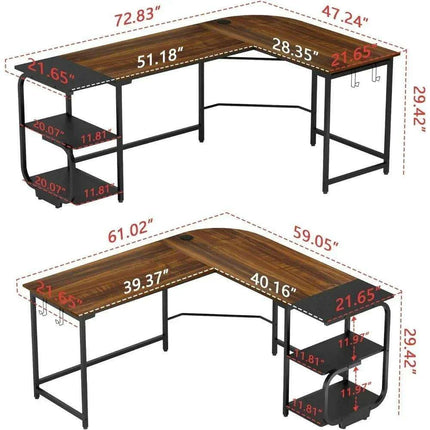 Teak Finish Corner L Desk with Adjustable Shelves for Home Office and Living Space