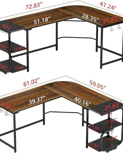 Teak Finish Corner L Desk with Adjustable Shelves for Home Office and Living Space