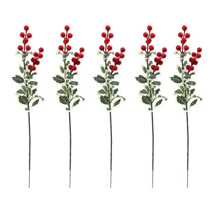 Artificial Red Berry Picks with Pale-Edged Green Leaves, 45 cm, Set of 5