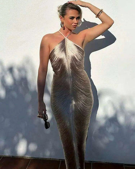 Glistening Metallic Halter Bodycon Mini Dress - Chic Backless Party Ensemble