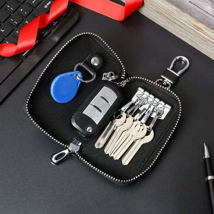 Luxury Cowhide Leather Zip Key Holder - Chic Organizer for Men and Women