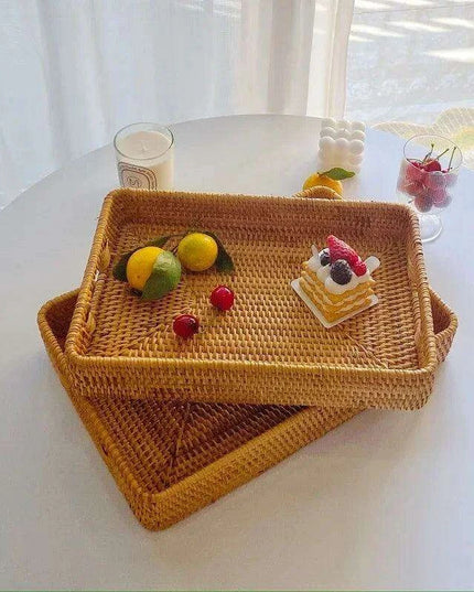 Artisan Woven Rattan Storage Tray for Fruits, Vegetables, and Tea