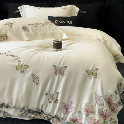 Luxury Butterfly Floral Embroidery Duvet Cover Set - Soft Lyocell Eucalyptus Fiber Bedding with Pillowcases and Flat Sheet