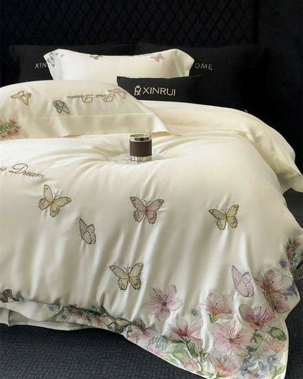 Luxury Butterfly Floral Embroidery Duvet Cover Set - Soft Lyocell Eucalyptus Fiber Bedding with Pillowcases and Flat Sheet