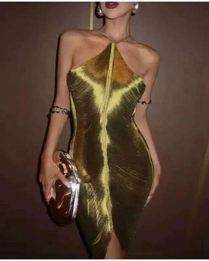 Glistening Metallic Halter Bodycon Mini Dress - Chic Backless Party Ensemble