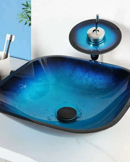 Elegant Blue Glass Bathroom Sink Set with Waterfall and Stream Faucet - Chic Home Upgrade