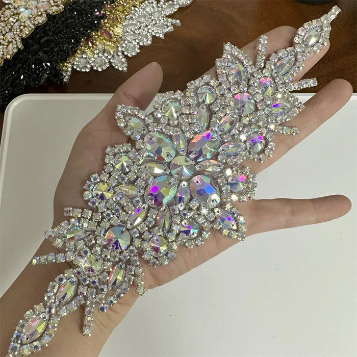 1 Piece AB Silver Rhinestone Flower Applique Patch for Ironing or Sewing