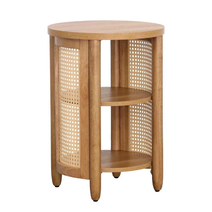 Tropical Charm Caned Round Side Table with Warm Honey Finish – Versatile Elegance for Any Room