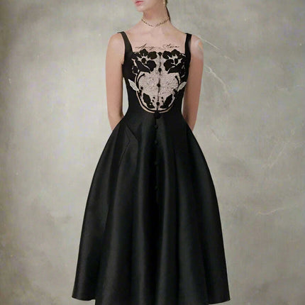 Satin Embroidered Pleated Evening Dress