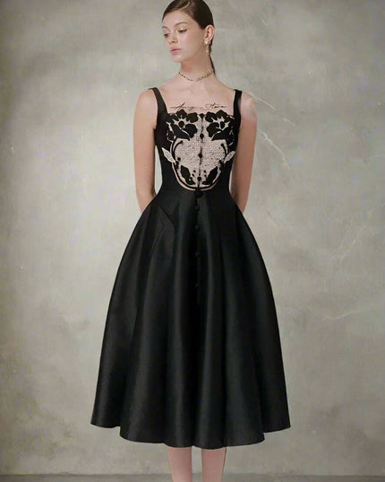 Satin Embroidered Pleated Evening Dress