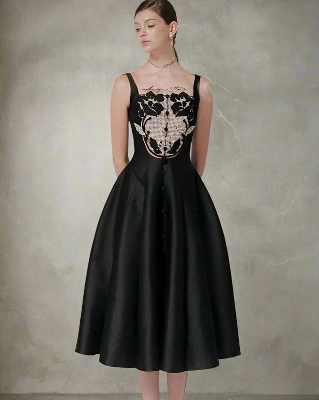 Satin Embroidered Pleated Evening Dress