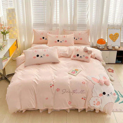 Charming 100% Cotton Pink Rabbit Applique Bedding Set - Duvet Cover, Fitted Sheet, Bed Skirt, and Pillowcases