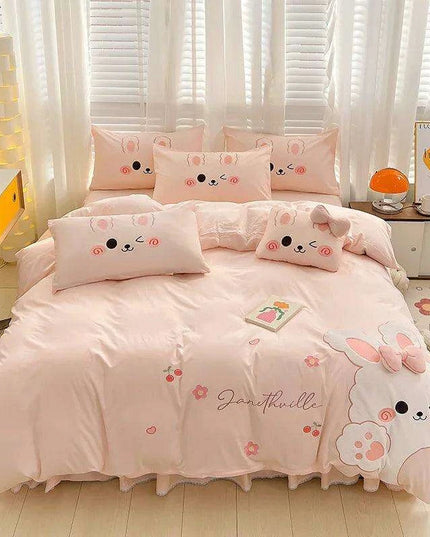 Charming 100% Cotton Pink Rabbit Applique Bedding Set - Duvet Cover, Fitted Sheet, Bed Skirt, and Pillowcases