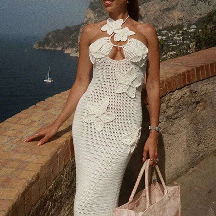 Elegant Halter Backless Floral Crochet Maxi Dress for Women - Perfect for Summer Parties and Beach Escapes