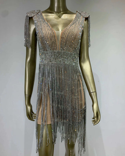 Radiant Diamond Tassel V Neck Bodycon Mini Dress - Showstopper Evening Attire