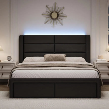 Queen Upholstered Bed Frame with LED Lights, Faux Leather, No Box Spring Needed, Black queen-upholstered-bed-frame-with-led-lights-faux-leather-no-box-spring-needed-black