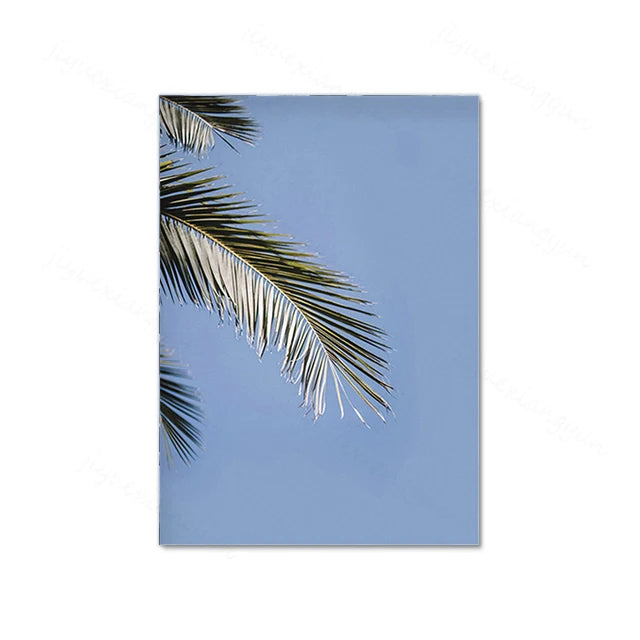 Serene Coastal Botanical Blue Palm Leaf Canvas Print - Boho Beach Scene Wall Decor