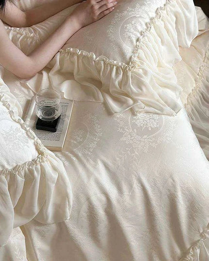Luxurious Jacquard Lace and Chiffon Bedding Ensemble with Premium Egyptian Cotton - Beige Ruffled Duvet, Sheets, and Pillowcases