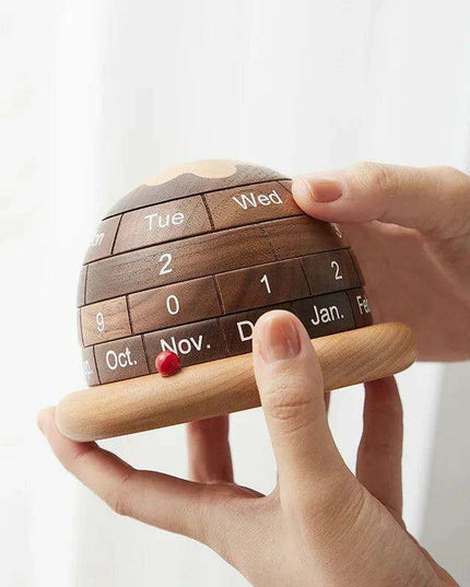 Artisan Black Walnut Planet Calendar Sculpture - Chic Accent for Home and Office