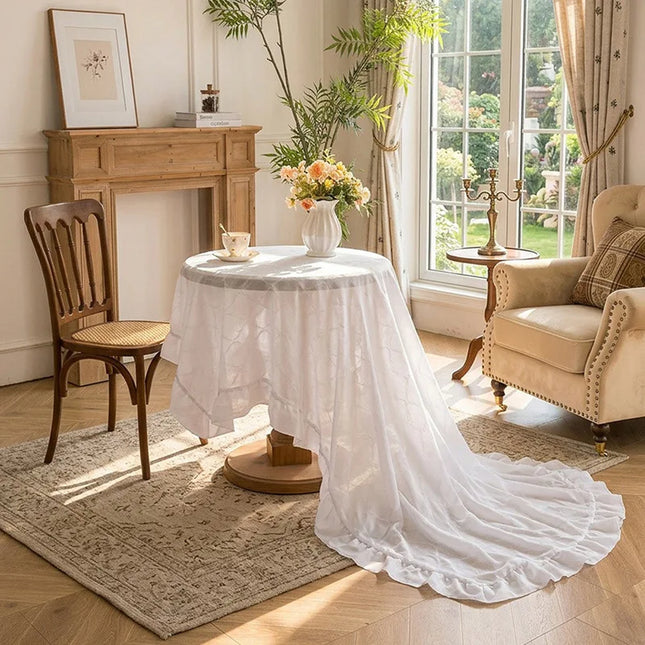 Embossed Lace Tablecloth — Ruffled Edge, Polyester, 2 Colours