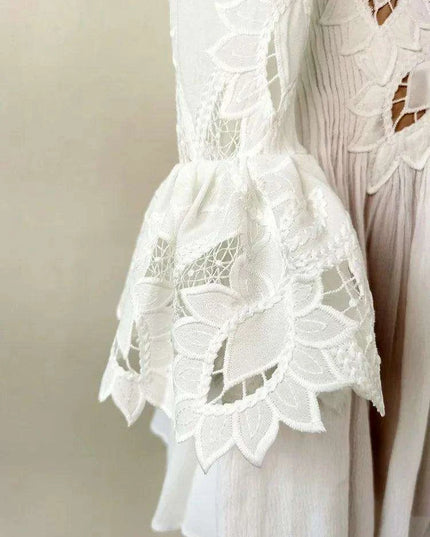 Embroidered Lace Evening Dress with Pleated Flare Sleeves for Women