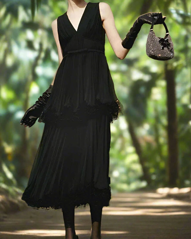 Pleated V-neck Chiffon Evening Dress with Slim Waist Design for Women