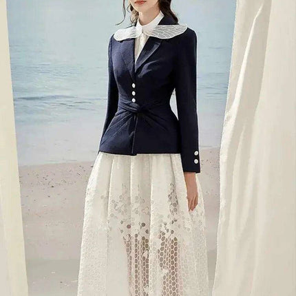 Sleeveless Blazer with Lace Long Skirt and Elegant Hollow Out Details