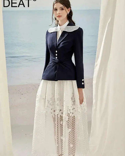 Sleeveless Blazer with Lace Long Skirt and Elegant Hollow Out Details