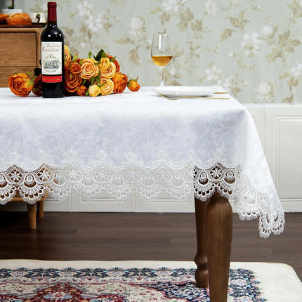Battilo Lace Embroidery White Floral Rectangle Tablecloth Waterproof Oilproof