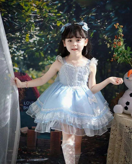Elegant Spanish Lolita Princess Lace Bow Summer Party Dress for Girls