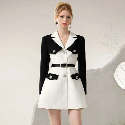 Chic Spring Black and White Business Suit Dress with Niche Waist Design