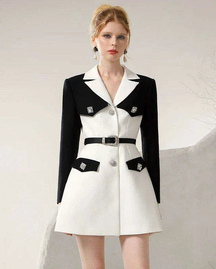 Chic Spring Black and White Business Suit Dress with Niche Waist Design