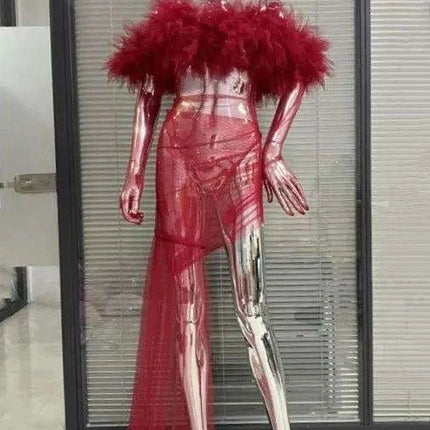 Enchanting Crimson Mesh Sheath Dress with Flowing Ruffles for Unforgettable Nights