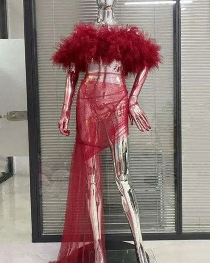 Enchanting Crimson Mesh Sheath Dress with Flowing Ruffles for Unforgettable Nights